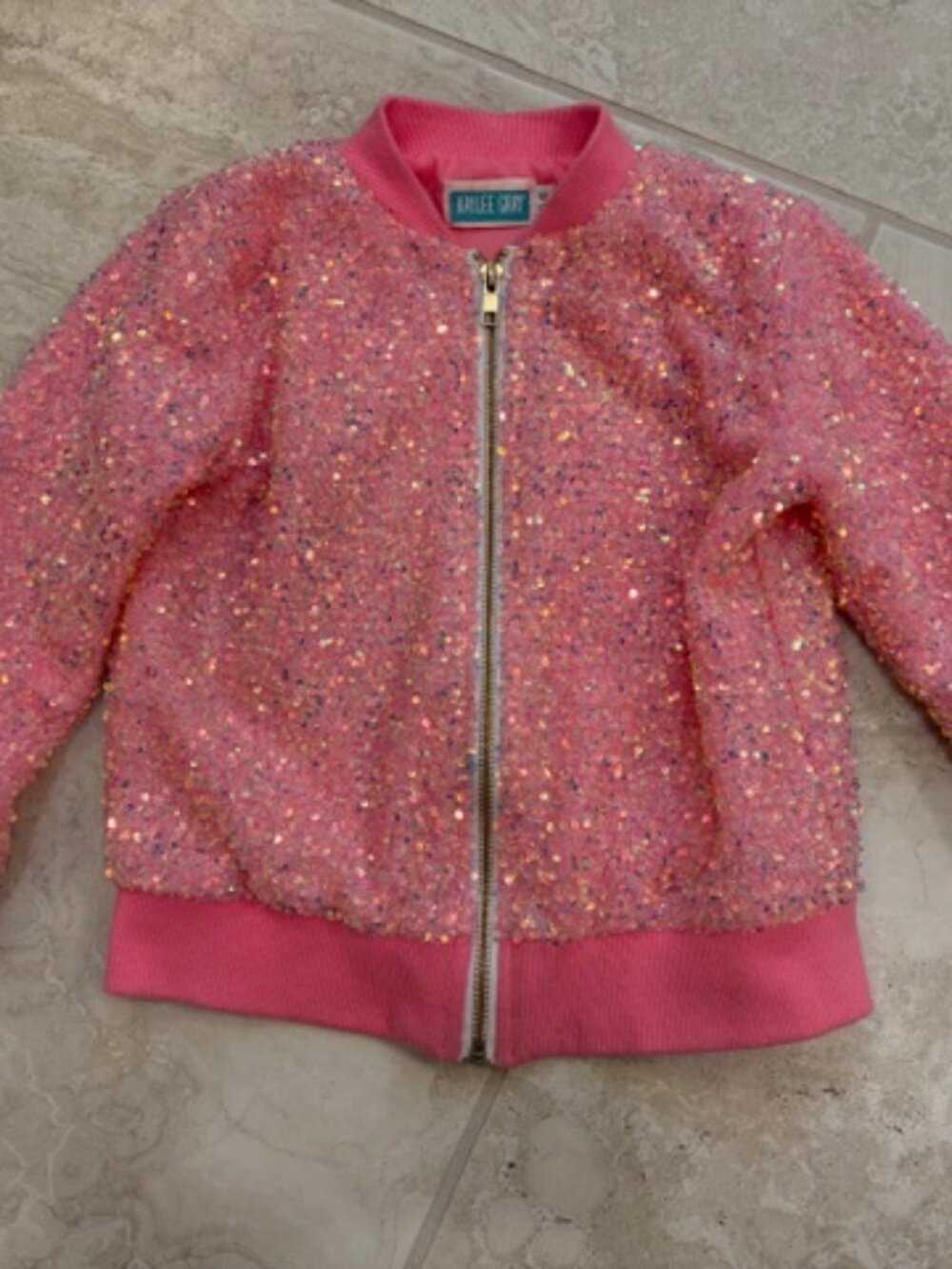 Kaylee Gray Iridescent Pink Sequin Bomber Jacket Girls Size 5-6 Barbie Glam